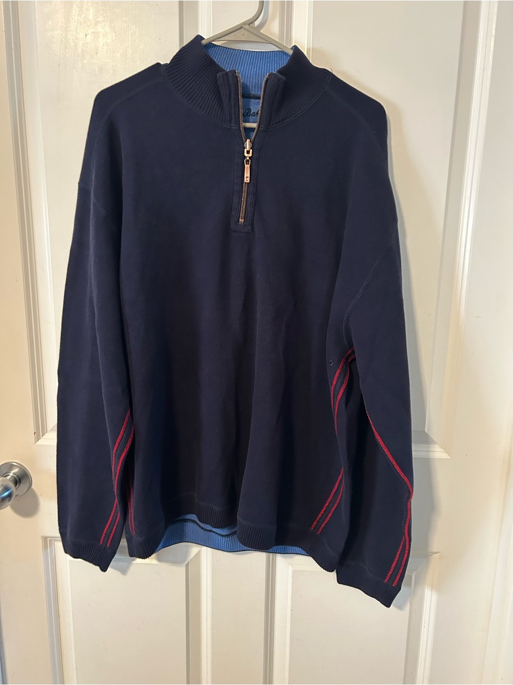 Tommy Bahama Navy Zip-Up Sweater with Red Trim